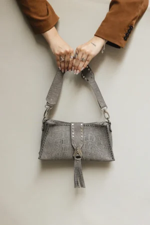 "I am love" shoulder bag, gray suede - Individual Art Leather