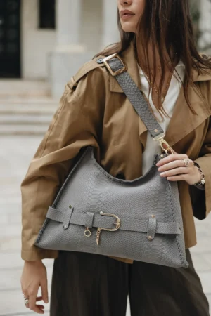 "Together in electric dreams" shoulder bag, gray suede - Individual Art Leather