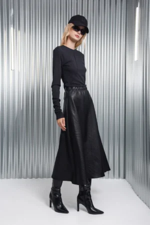 Ink Faux Leather Midi Skirt - ARPYES