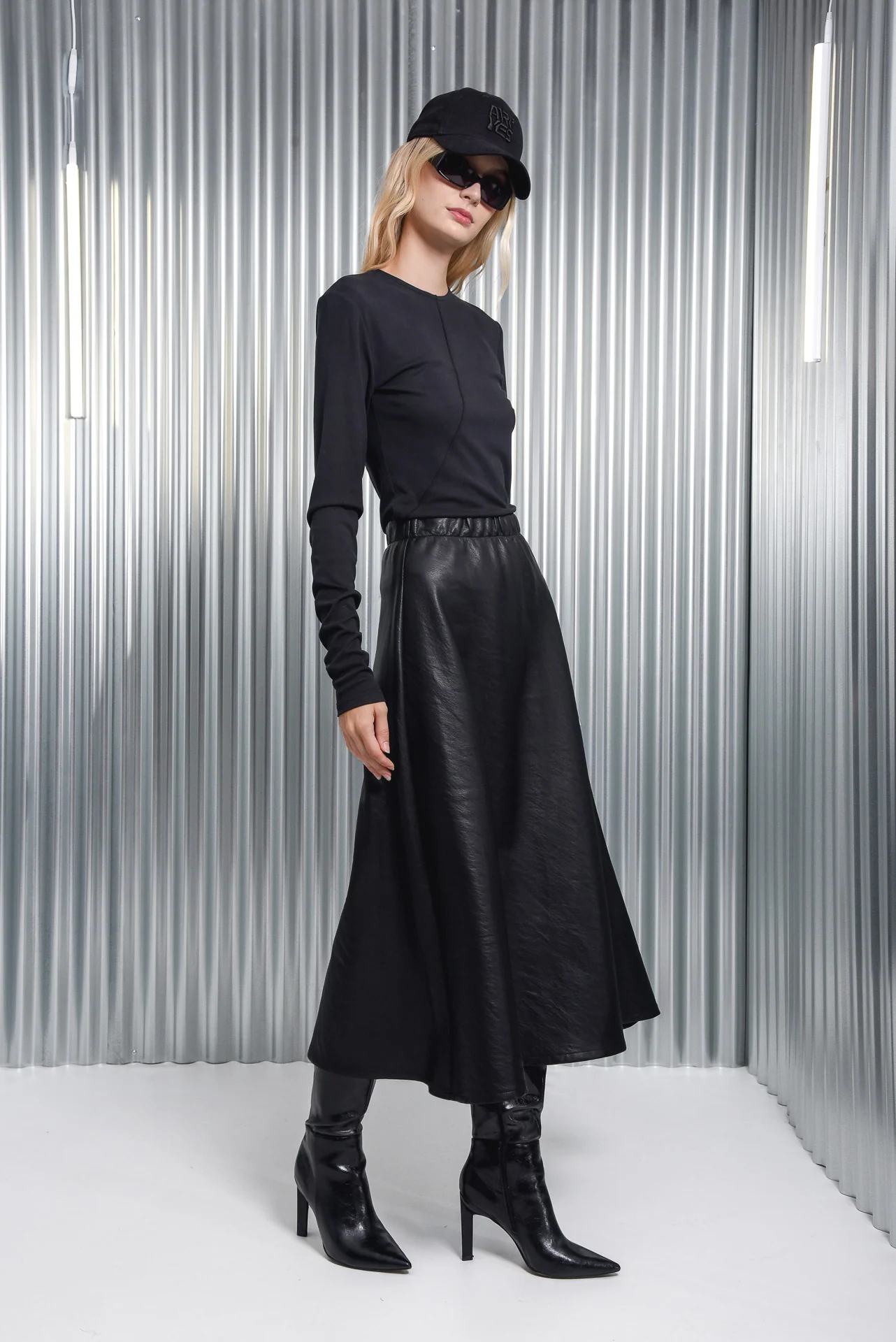 Ink Faux Leather Midi Skirt - ARPYES